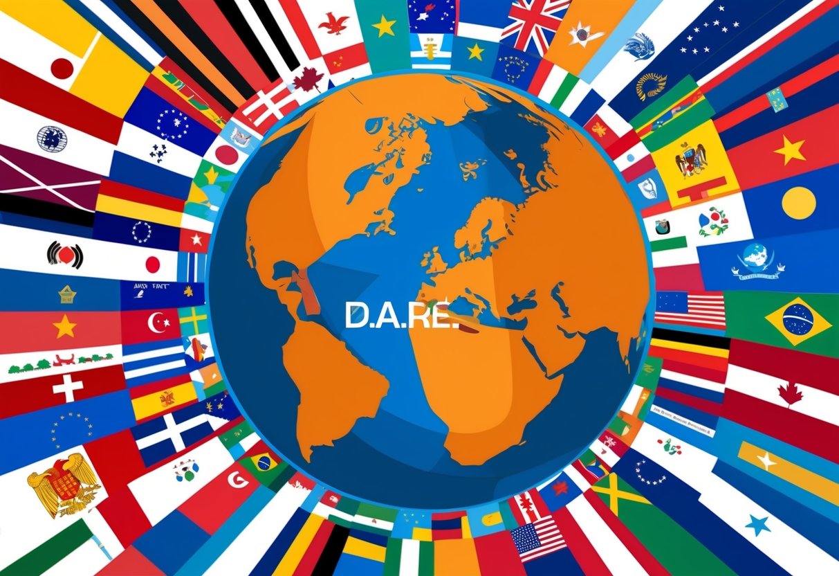 A globe surrounded by diverse flags, representing D.A.R.E.'s global impact and reach