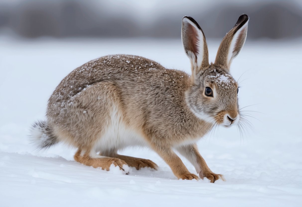 An arctic hare crouches in the snow, ears alert for predators and threats