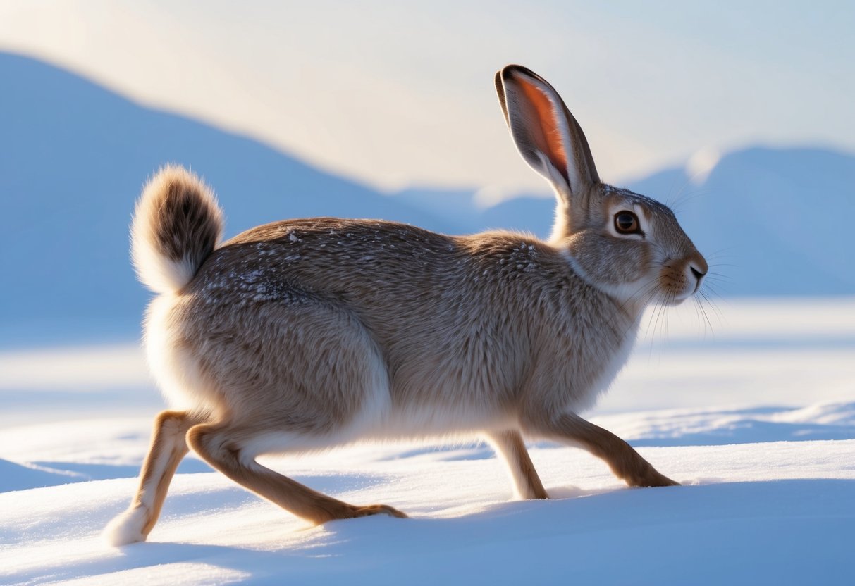 An arctic hare blending into snowy landscape, with large hind legs and thick fur for warmth