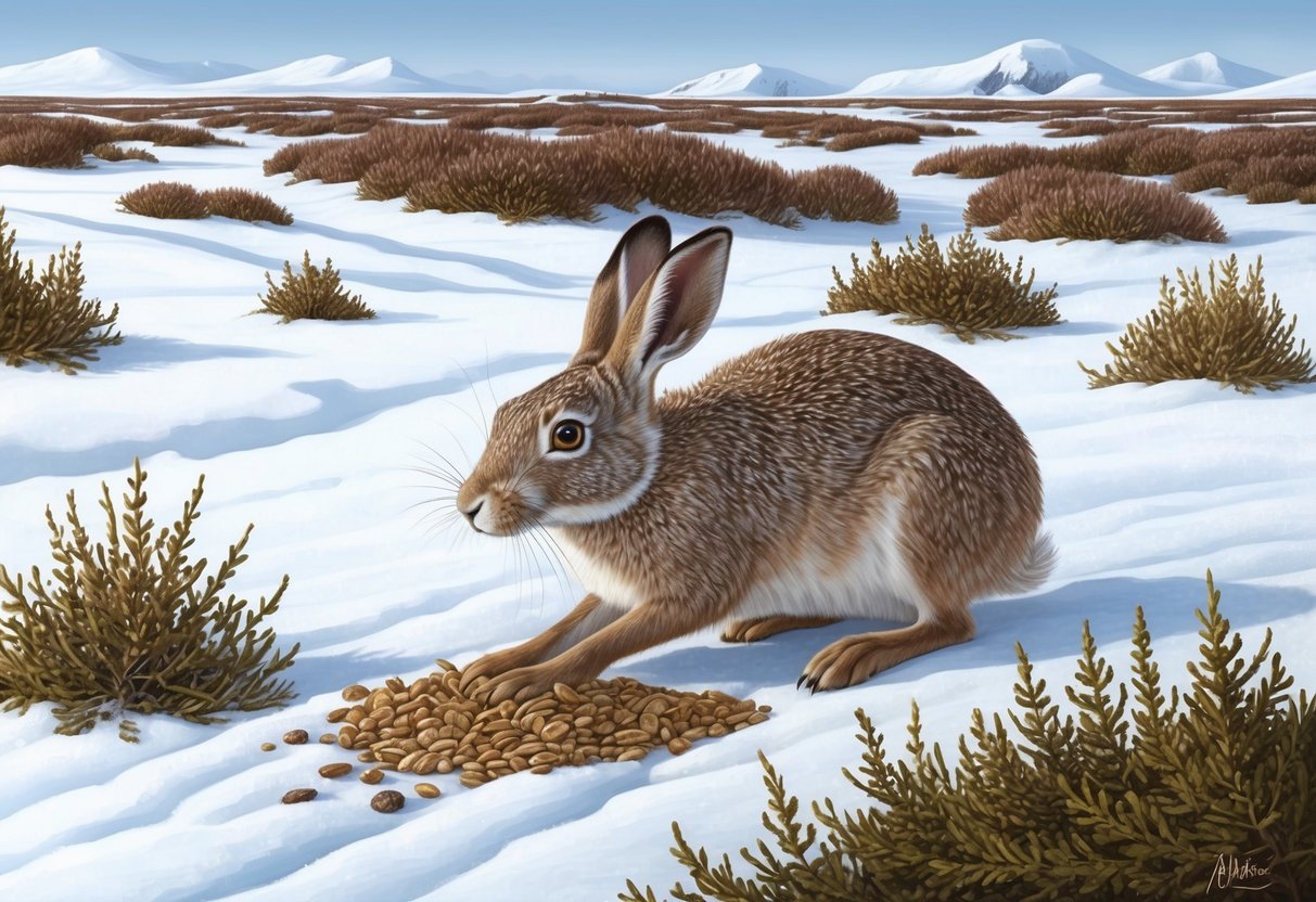 An arctic hare foraging for food in a snowy landscape, surrounded by patches of low-lying vegetation and occasional shrubs