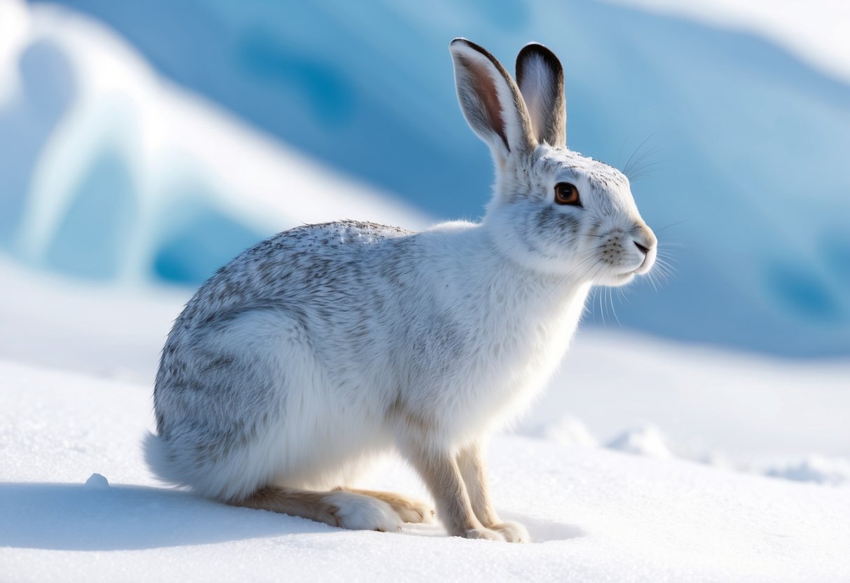 An arctic hare blends into the snowy landscape, its white fur camouflaged against the icy backdrop.</p><p>It sits alert, ears perked, in its natural habitat