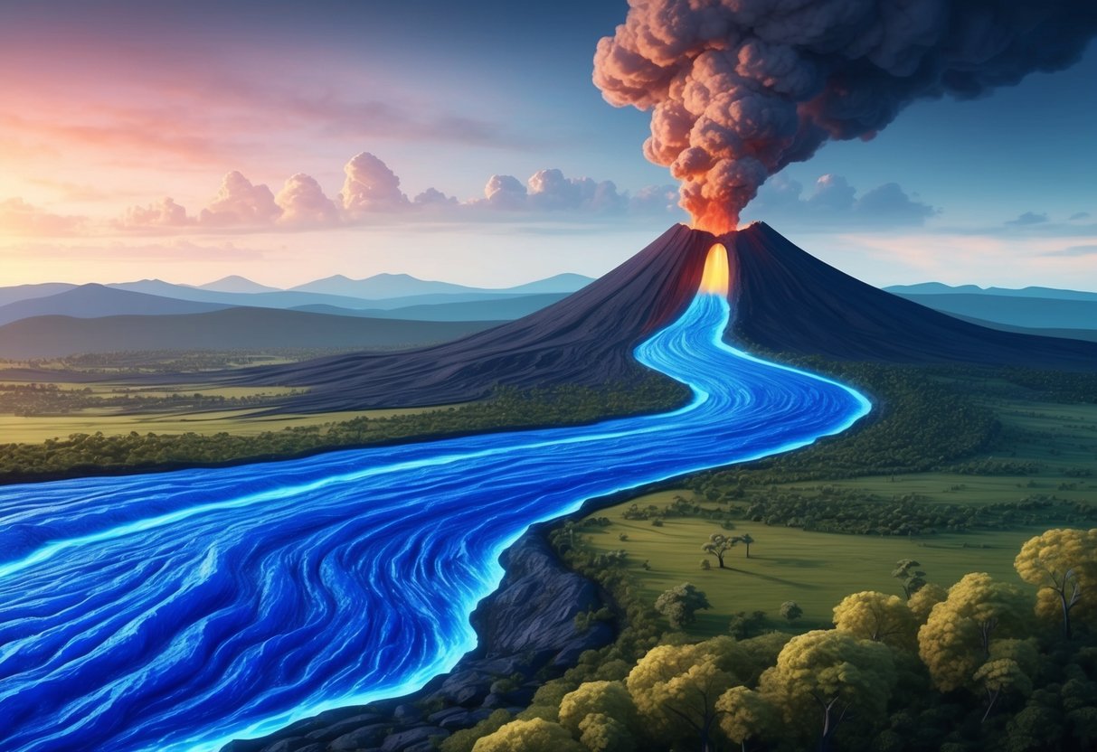 A landscape with blue lava flowing from a volcano, emitting toxic fumes and causing environmental and health impacts