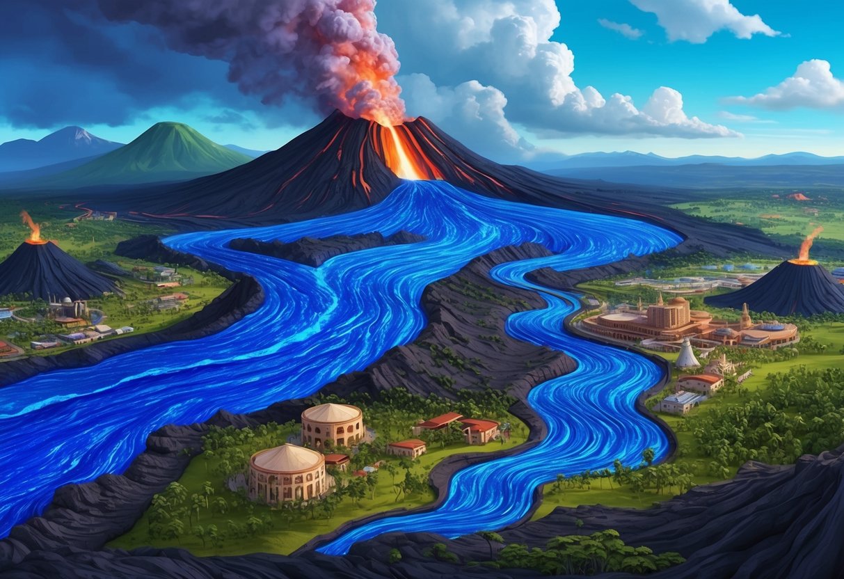 Vibrant blue lava flows through a volcanic landscape, surrounded by cultural and economic activities