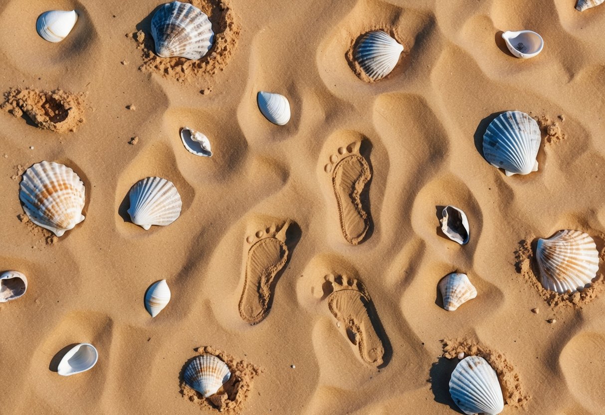 Aerial view of beach sand with scattered shells and footprints