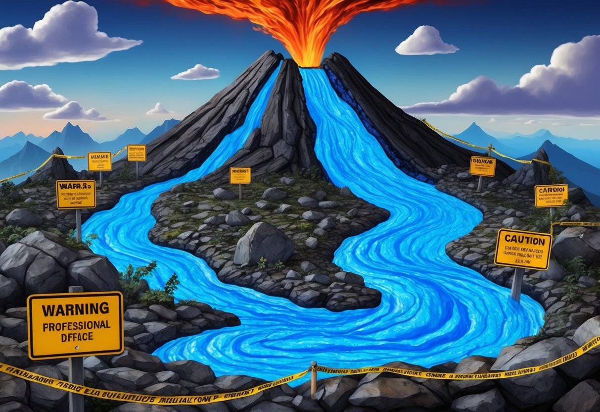 A rocky landscape with bright blue lava flowing from a volcano, surrounded by warning signs and caution tape