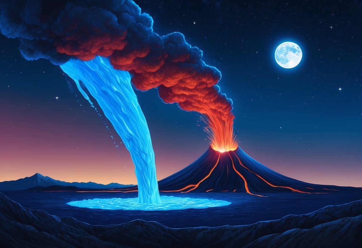 A volcano spewing bright blue lava into the night sky