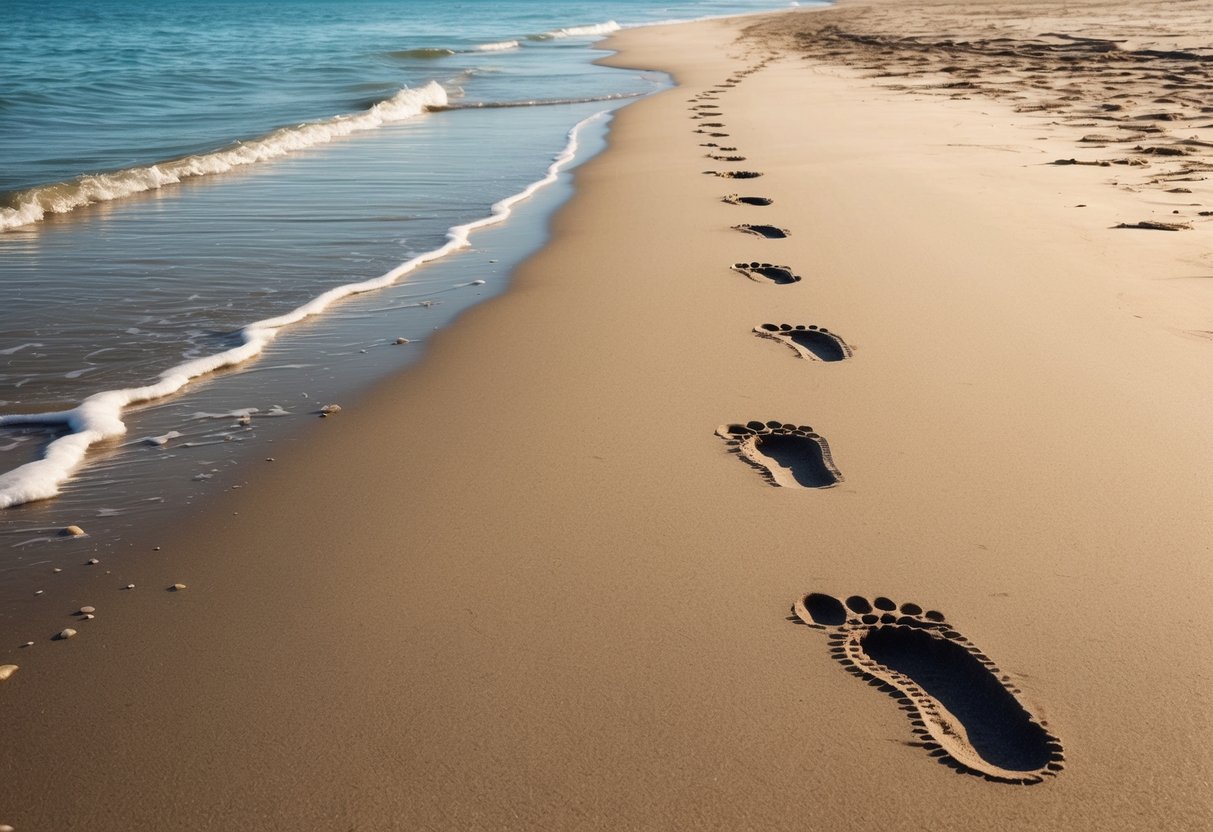 A child's footprints in the smooth beach sand, leading towards the water's edge