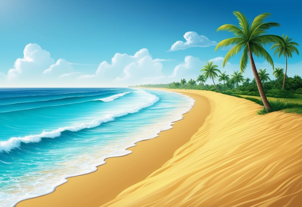 Golden sand stretches along the shore, meeting turquoise waves under a clear blue sky.</p><p>Palm trees sway in the breeze, creating a peaceful and serene atmosphere