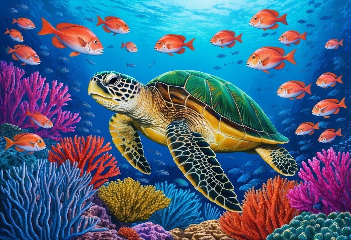 A green sea turtle swimming among colorful coral reefs, surrounded by schools of vibrant fish