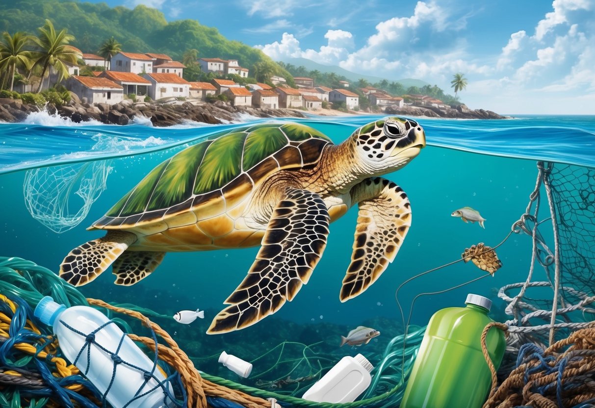 A green sea turtle swimming among plastic debris and fishing nets, with a coastal village in the background