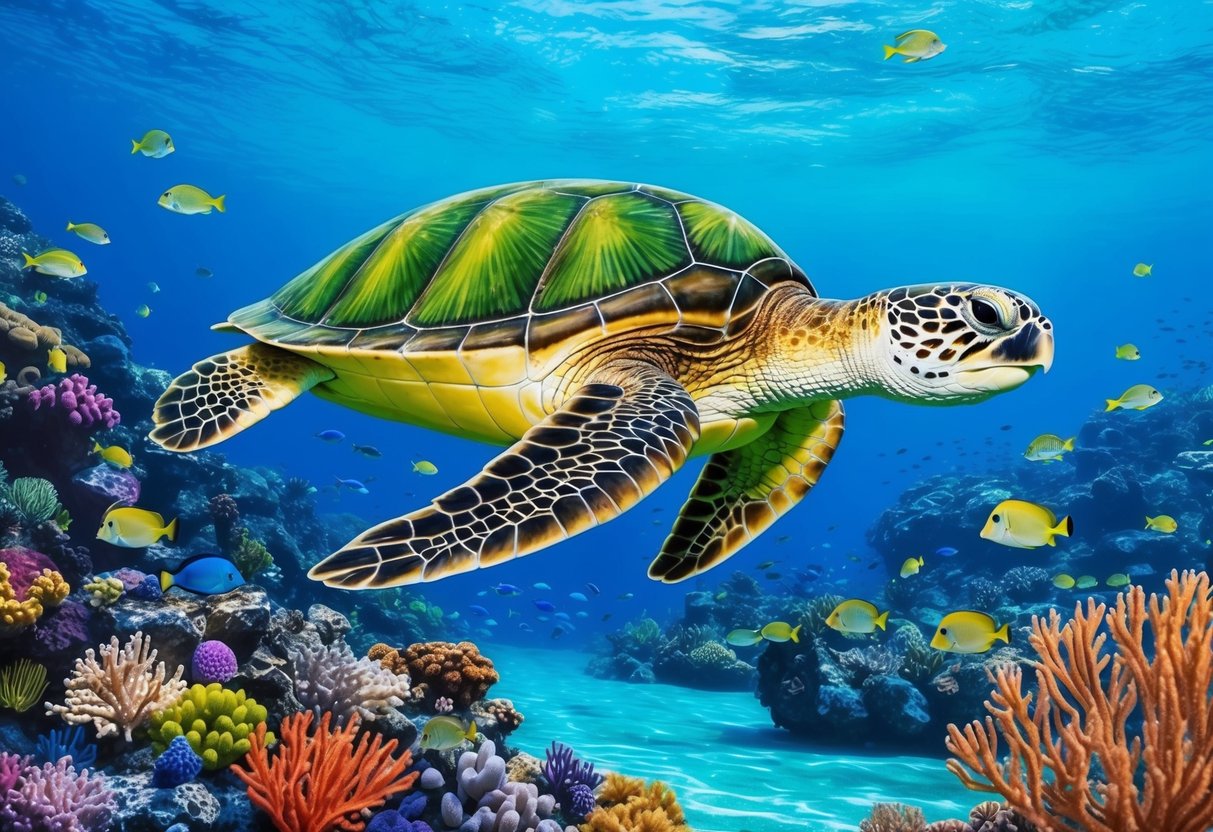 A green sea turtle swimming among vibrant coral reefs in the crystal-clear waters of the Pacific Ocean