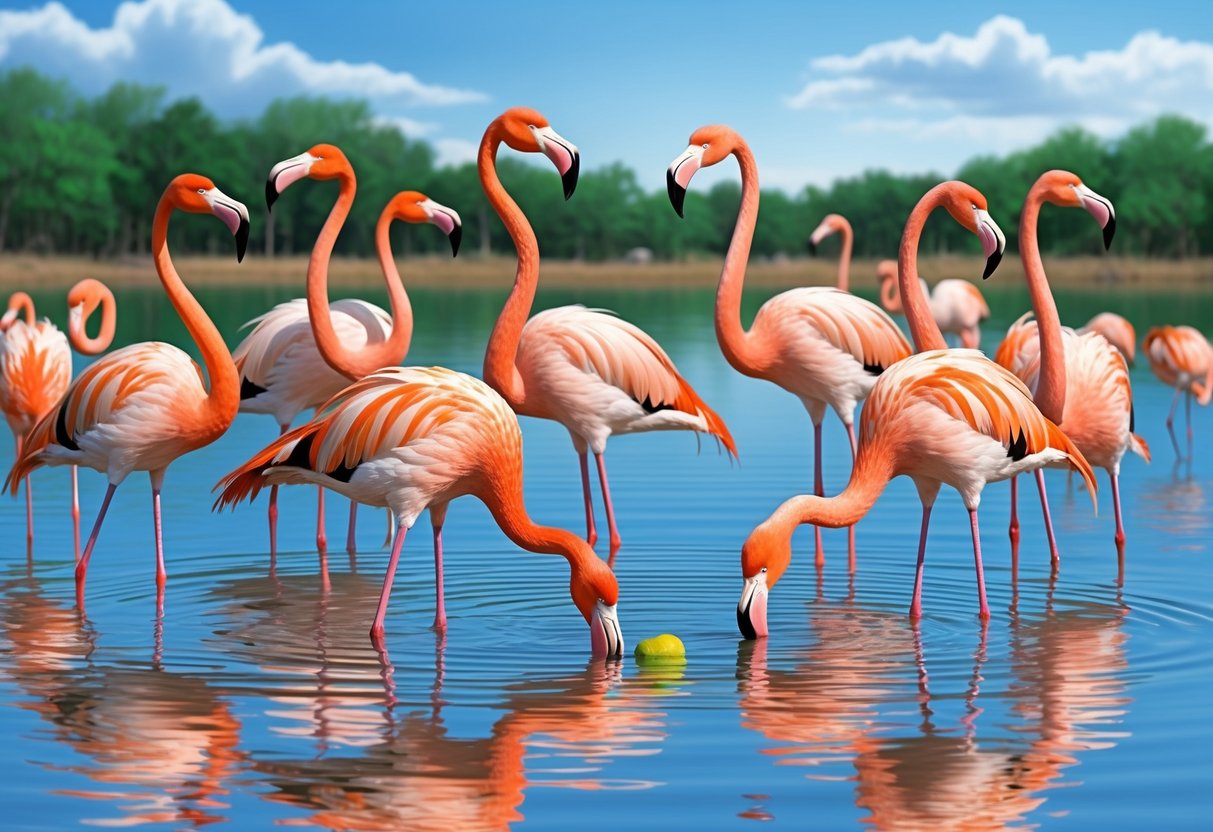 Flamingos gather in a shallow lake, standing on one leg with their long necks curved gracefully.</p><p>Some are feeding while others engage in courtship displays