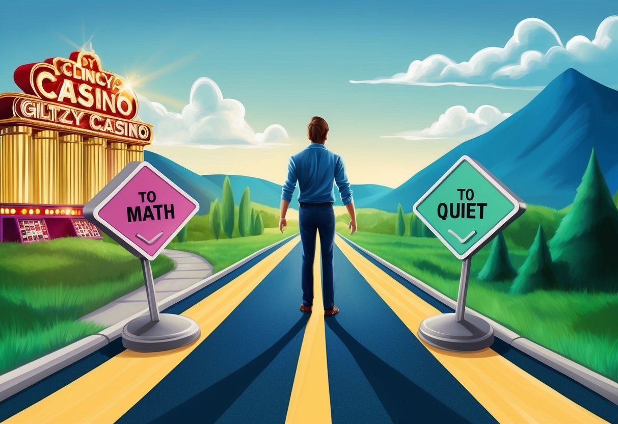 A person at a crossroads, one path leading to a glitzy casino and the other to a quiet, serene setting.</p><p>The decision weighing heavily on their mind