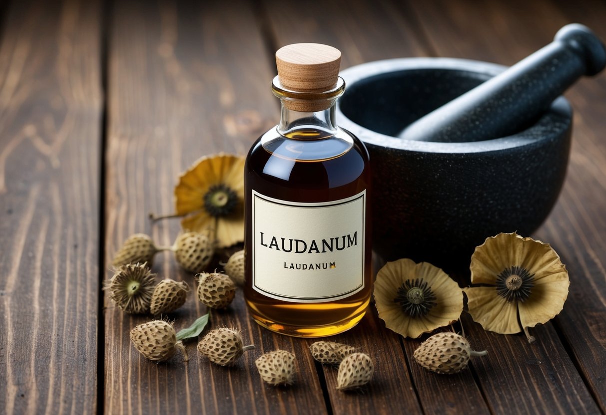 A glass bottle of laudanum sits on a wooden table, surrounded by dried poppy pods and a mortar and pestle