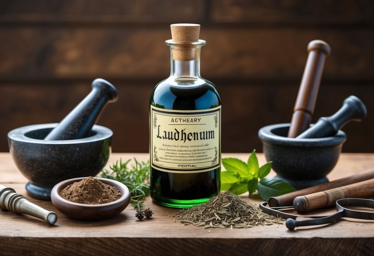 A vintage apothecary bottle of laudanum sits on a wooden table, surrounded by mortar and pestle, herbs, and medical tools