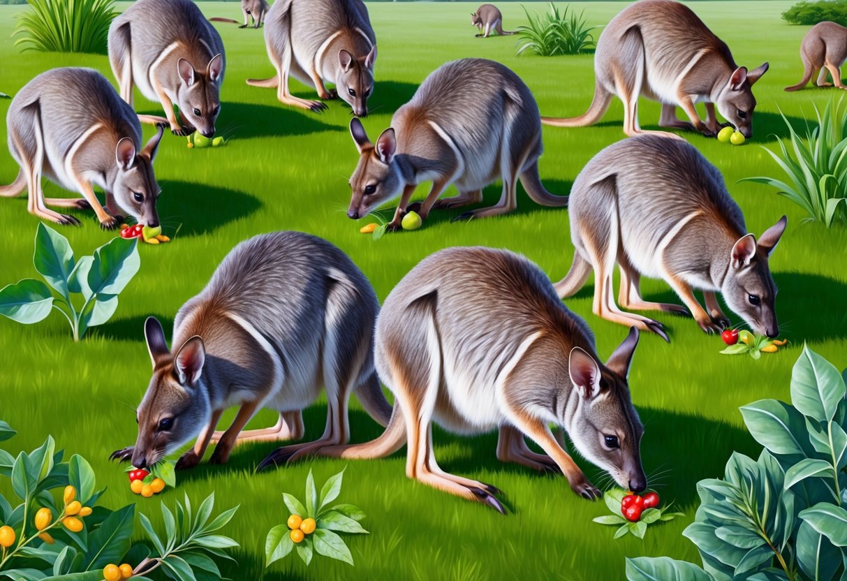 A group of wallabies grazing on a variety of plants and grasses in a lush, open field.</p><p>Some are nibbling on leaves while others are munching on fruits and berries