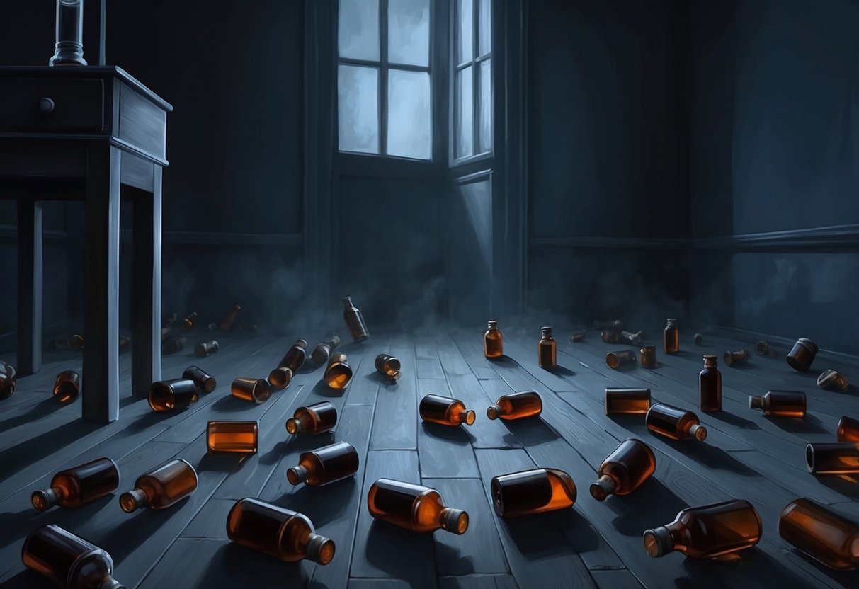 A dark, shadowy room with empty laudanum bottles scattered on the floor, a sense of despair and addiction lingering in the air