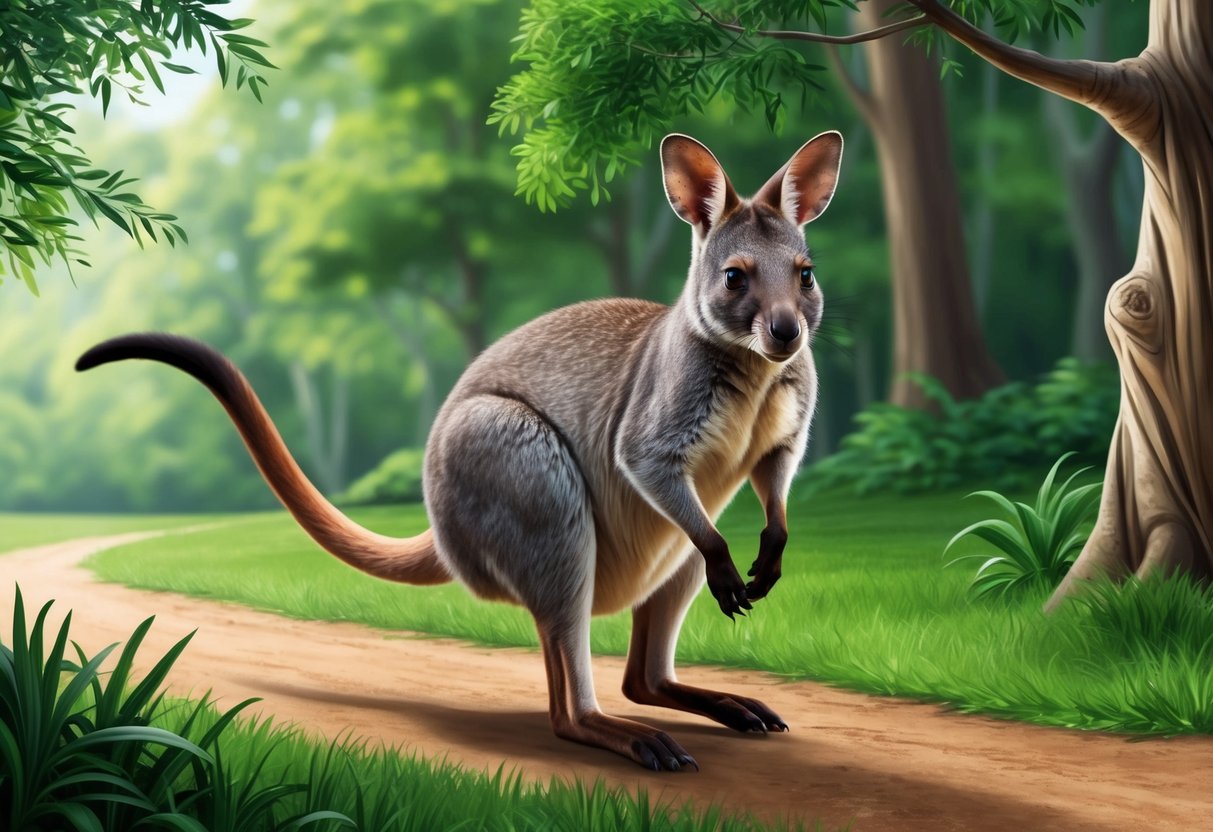 A wallaby confidently hops through a lush, green forest, its ears perked up and its tail swaying gracefully behind it