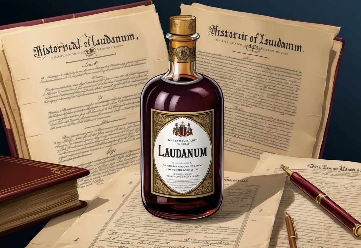 A vintage bottle of laudanum displayed alongside historical documents and legal papers