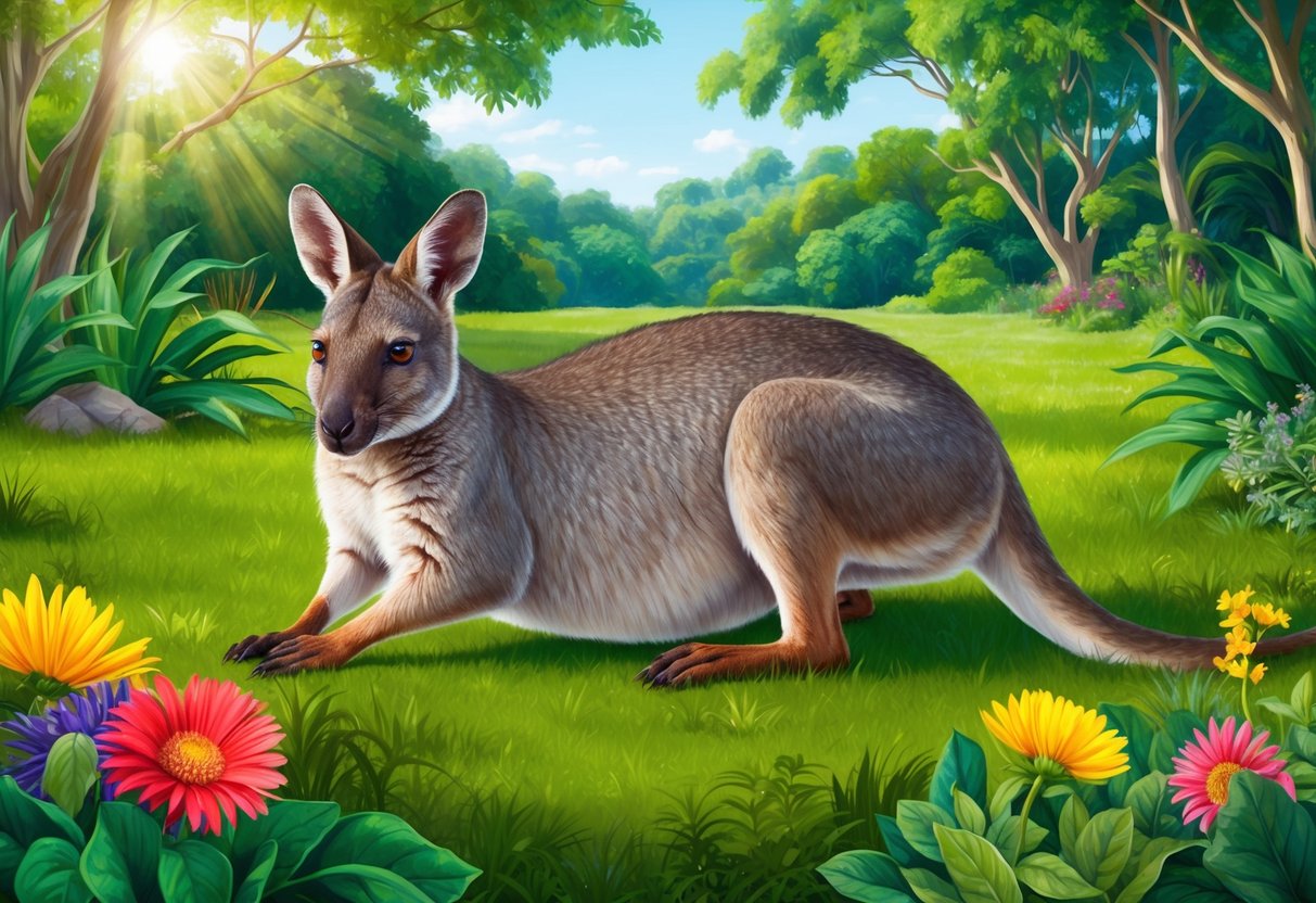 A wallaby lounges in a lush, sun-dappled forest clearing, surrounded by vibrant greenery and colorful flowers.</p><p>Its alert ears and bright eyes convey a sense of curiosity and awareness