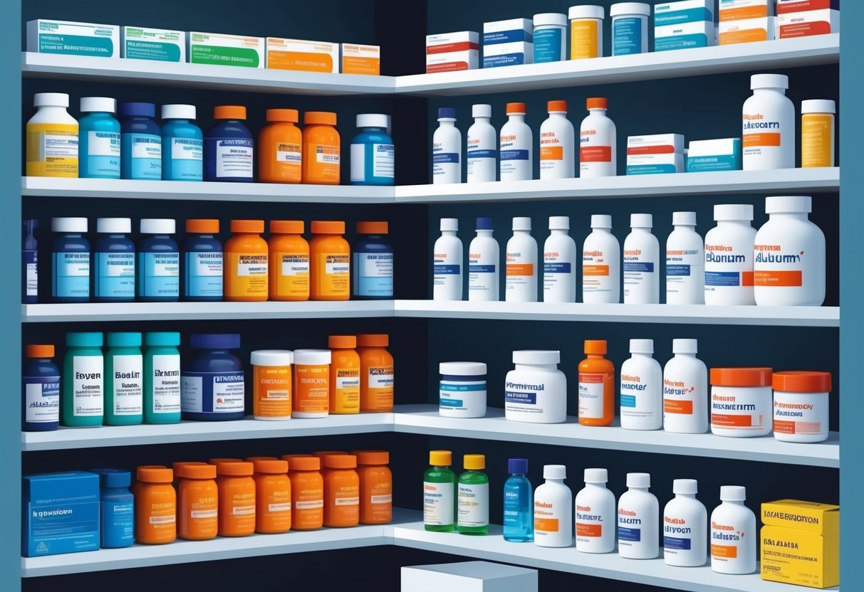 A modern pharmacy shelf with various over-the-counter pain relief medications, reminiscent of the ancient Roman drug laudanum