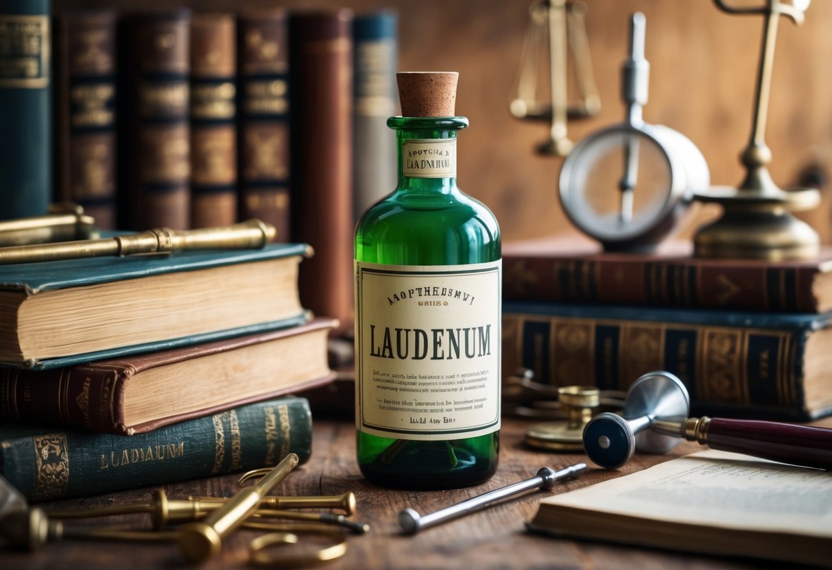 A vintage apothecary bottle of laudanum sits on a cluttered desk, surrounded by old medical books and antique medical instruments