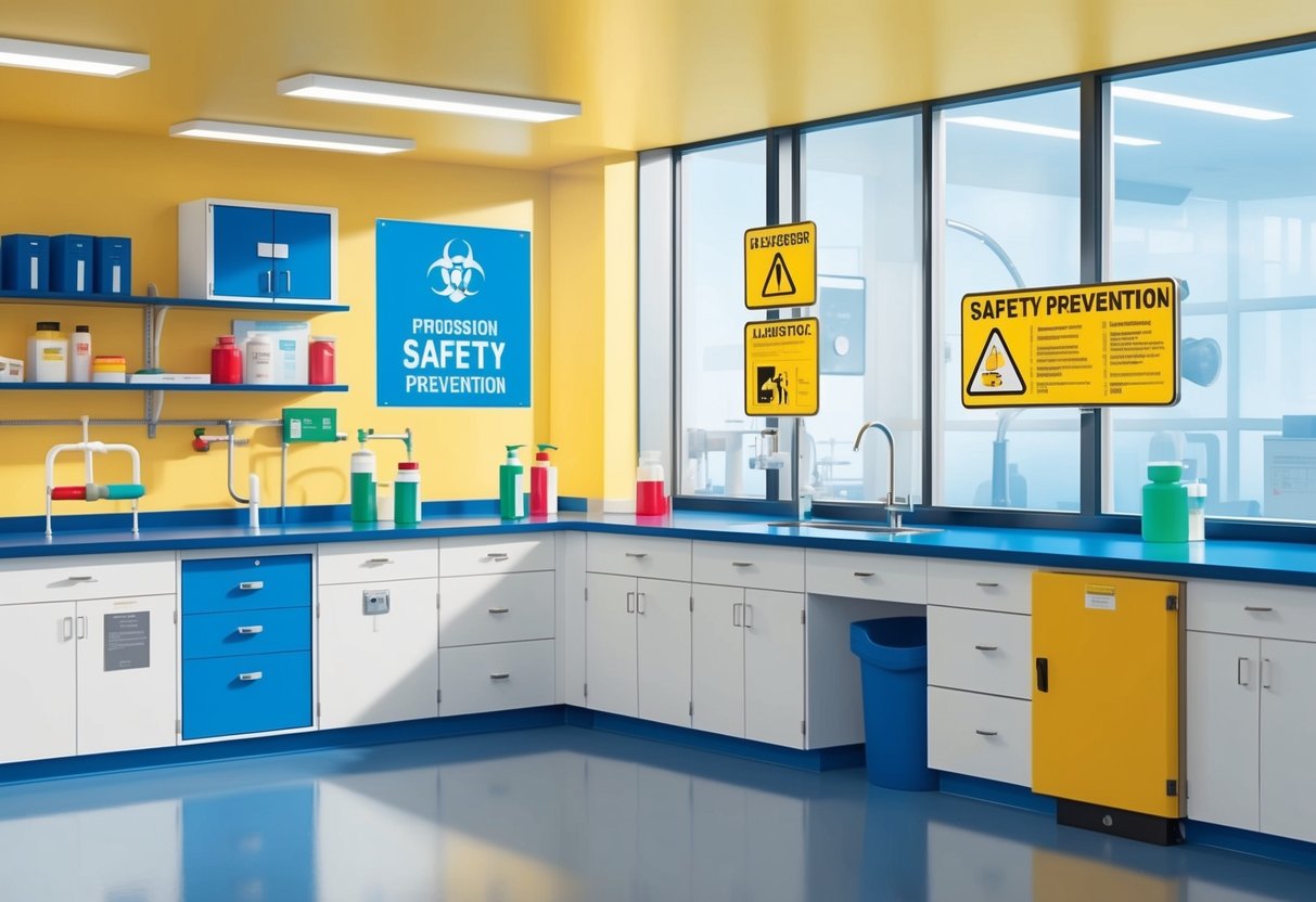 A bright, modern laboratory with safety equipment and prevention signage prominently displayed