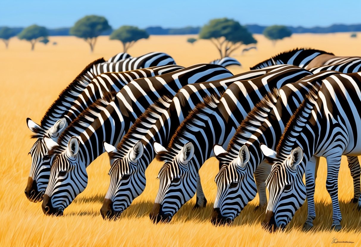 A herd of zebras graze together in the savannah, their black and white stripes creating a striking pattern against the golden grass