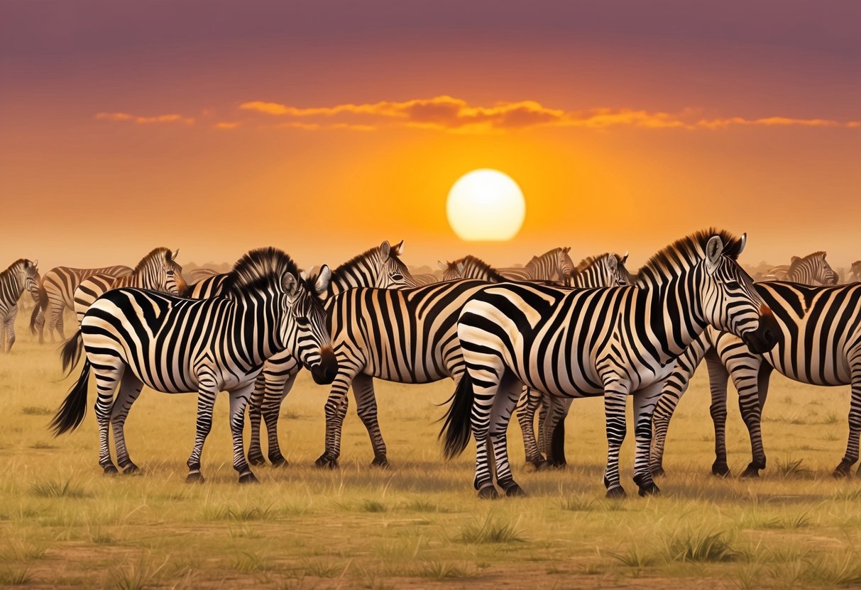 A herd of zebras grazing on the open savanna, with the sun setting in the background, casting a warm golden glow over the landscape