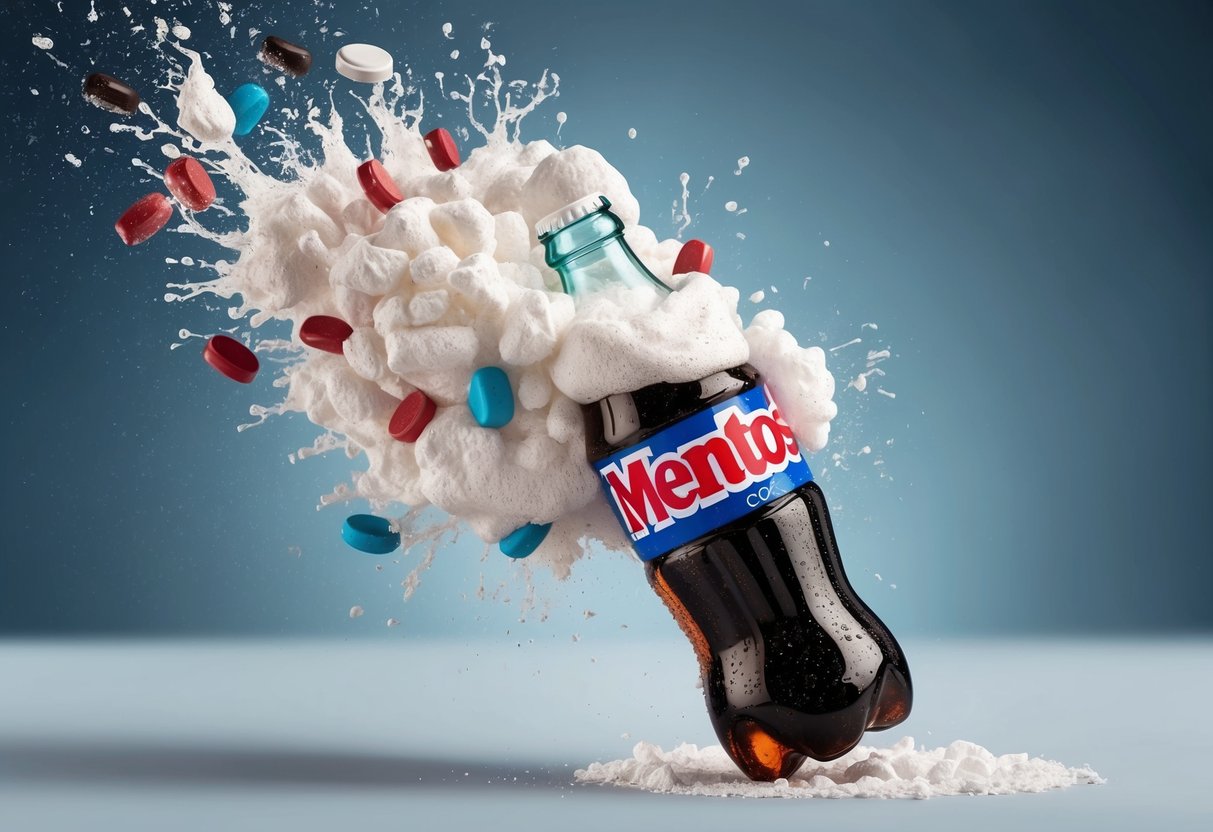 A clear soda bottle filled with Mentos and Coke erupting in a foamy explosion