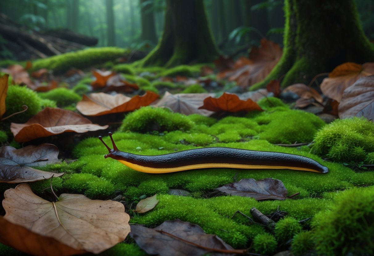 A lush, damp forest floor with fallen leaves and moss, where a banana slug slowly makes its way across the ground