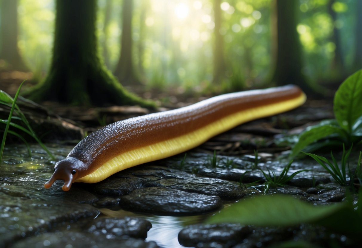 A banana slug slithers across damp forest floor, its long, slimy body glistening in the dappled sunlight