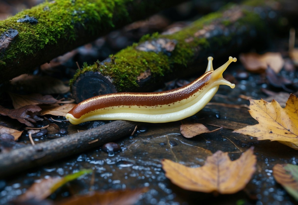 A banana slug slithers along a damp forest floor, surrounded by fallen leaves and moss-covered logs