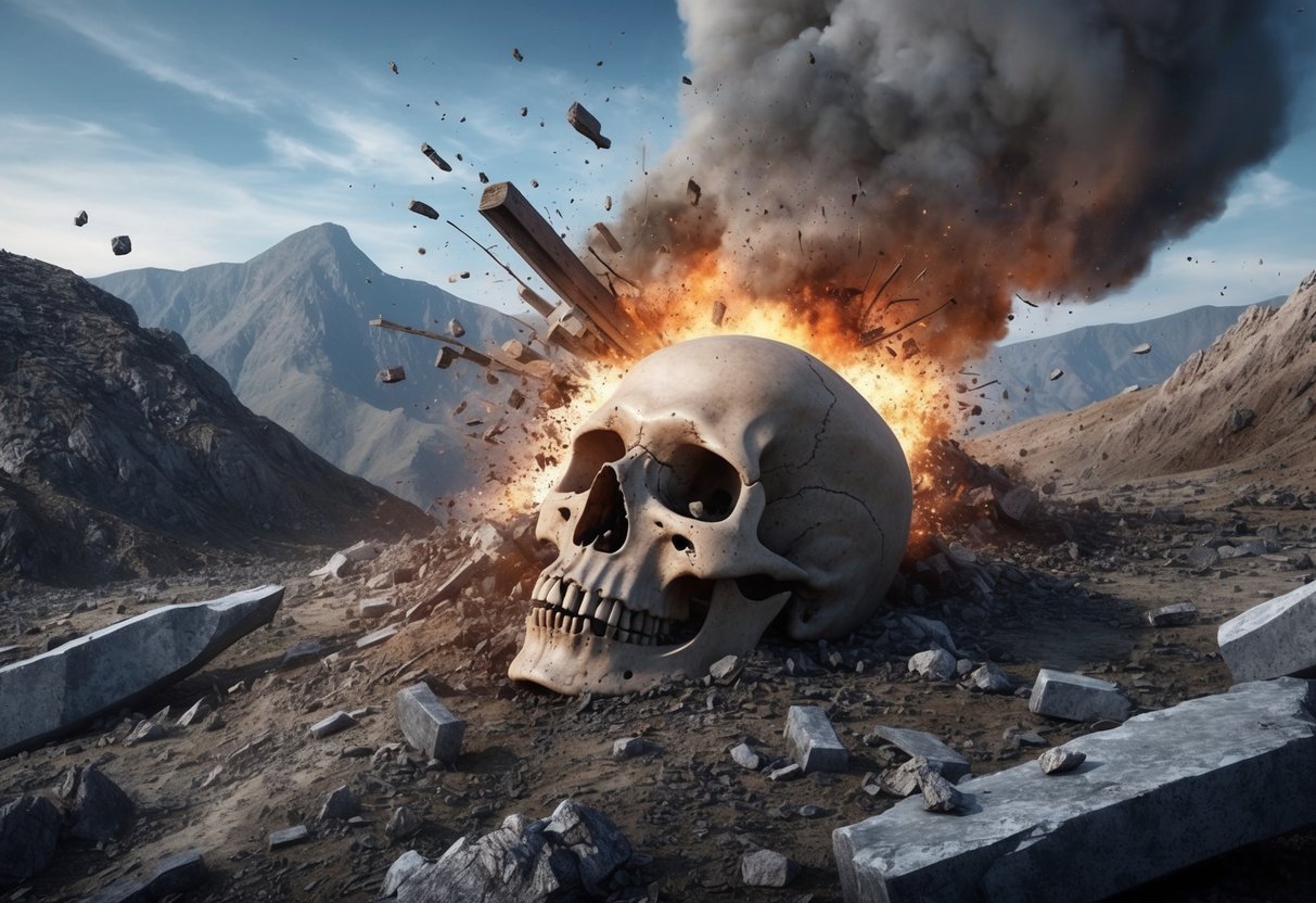 A rugged landscape with a partially unearthed skull and scattered debris from an explosion