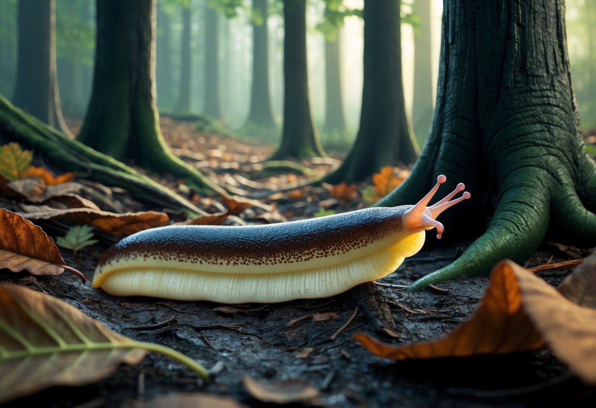 A banana slug crawls through a damp forest floor, surrounded by fallen leaves and towering trees