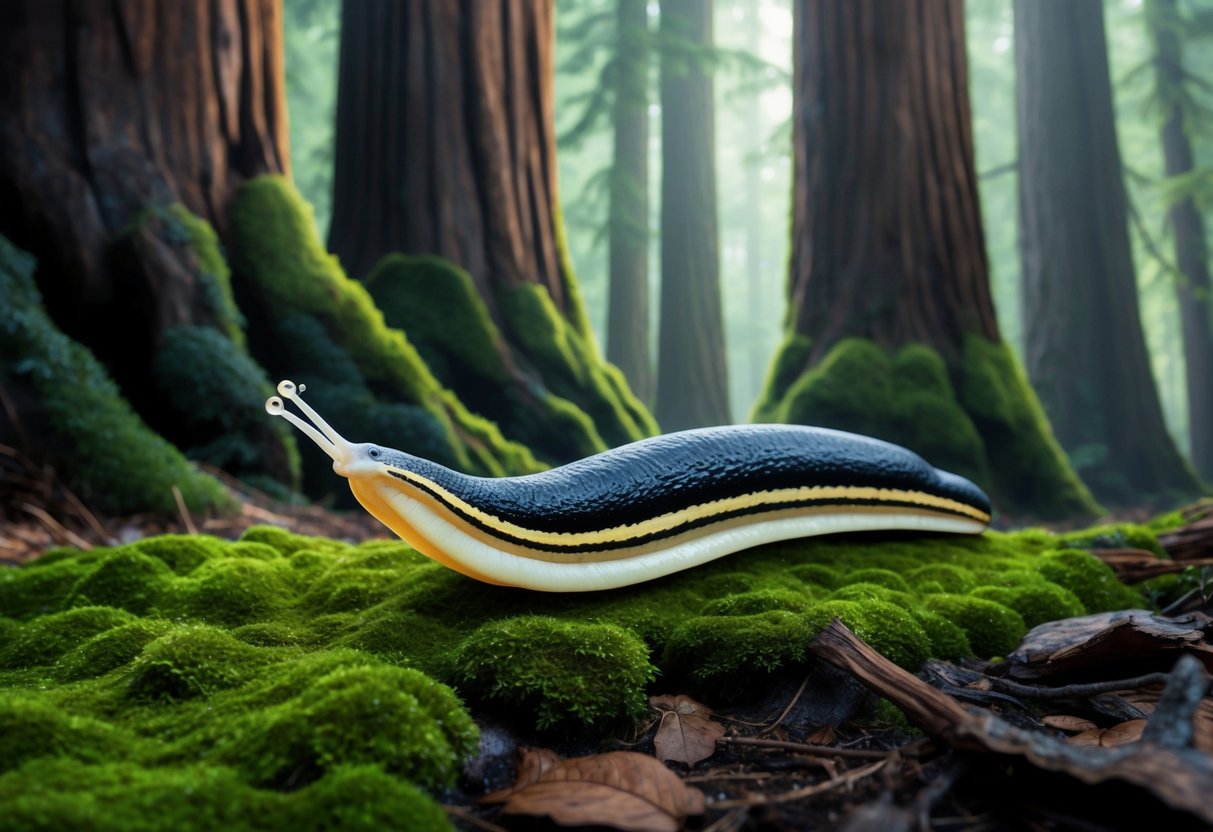 A banana slug crawls across a redwood forest floor, surrounded by towering trees and damp, moss-covered ground