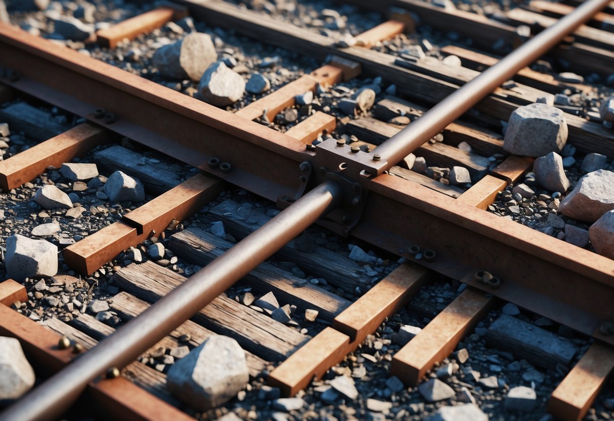 A metal rod pierces through a damaged railroad track, surrounded by scattered debris and rocks