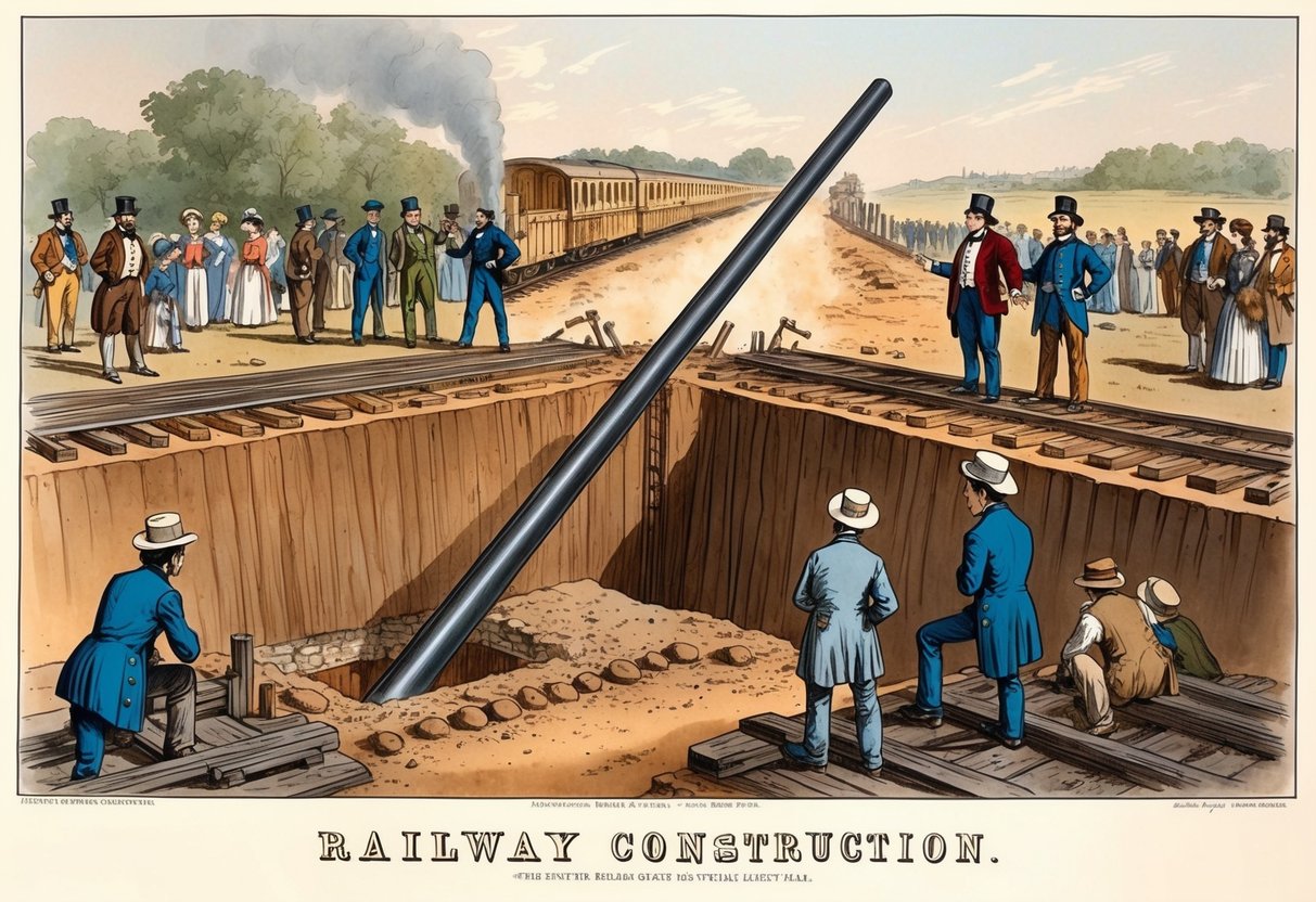 A 19th century railway construction site with a large iron rod piercing through the ground, surrounded by curious onlookers