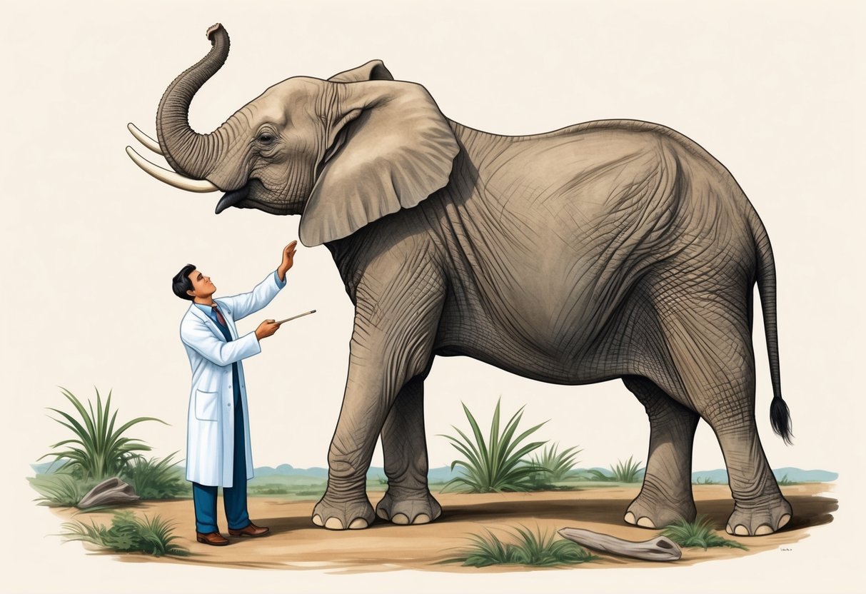 An elephant stands on hind legs, trunk reaching up, while a scientist examines its skeletal structure