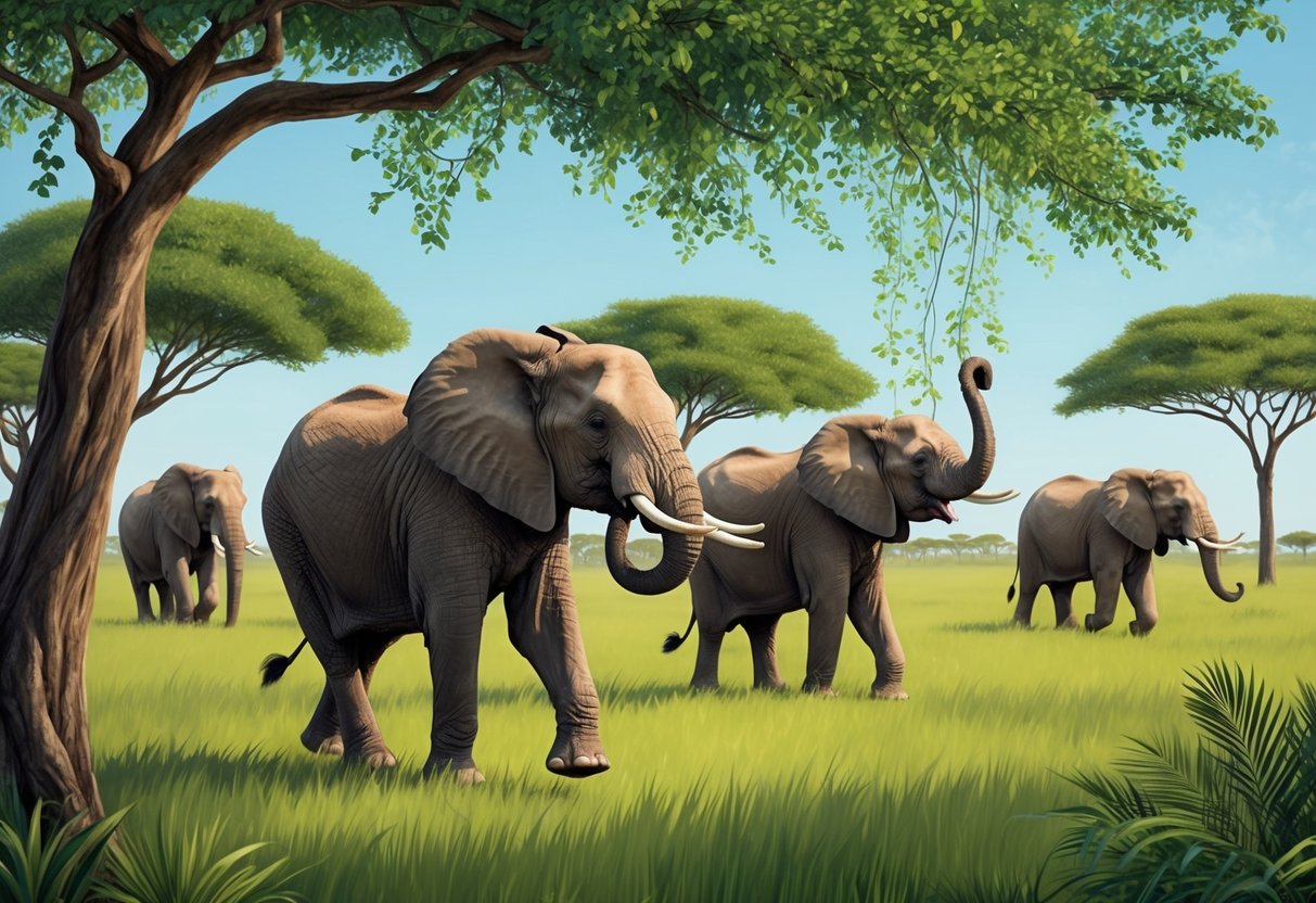 Elephants roam through a lush, green savanna, using their trunks to pull down branches and graze on leaves from tall trees