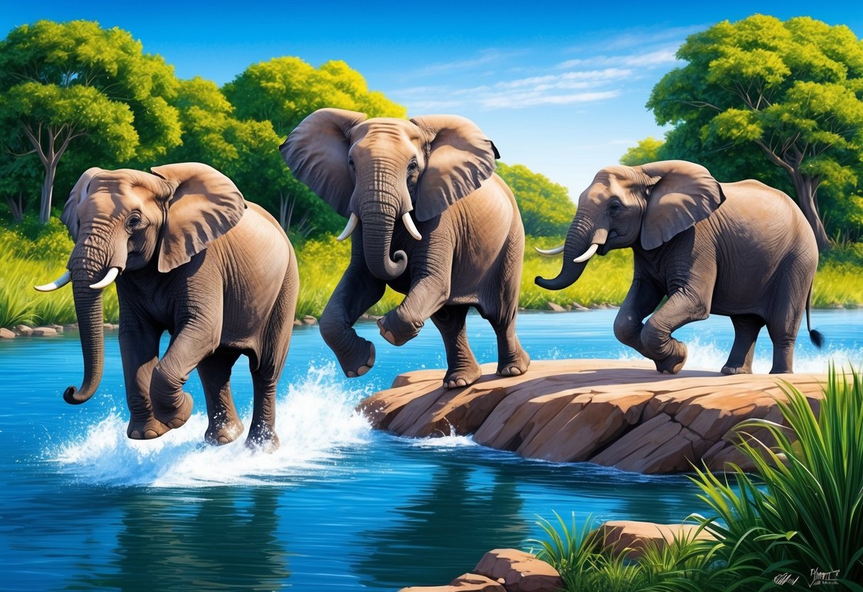 Elephants leaping over a river, with lush green trees in the background and a clear blue sky above