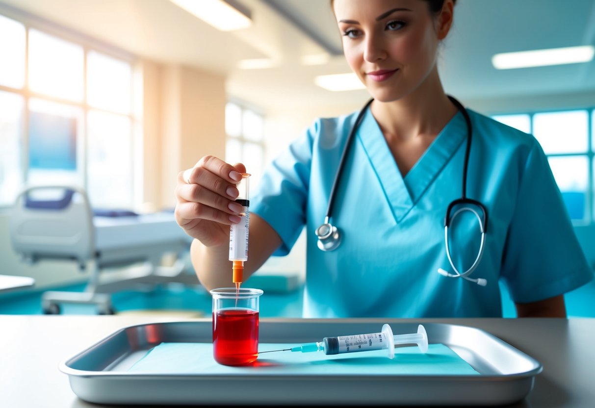 A nurse carefully measures out red chemotherapy medication into a syringe on a sterile tray in a brightly lit hospital room