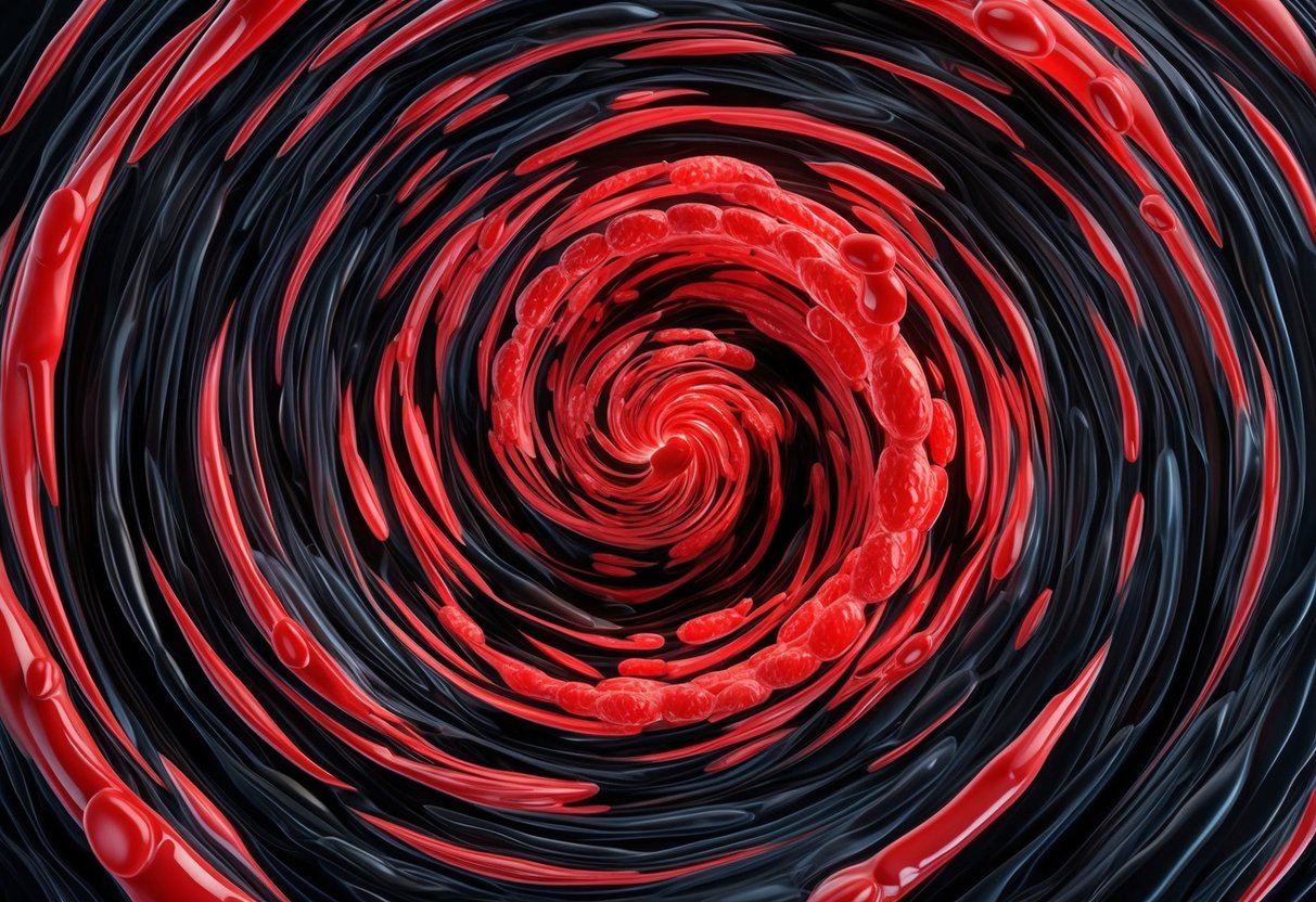 A swirling storm of red and black, blood cells morph and contort under the influence of the red devil chemo