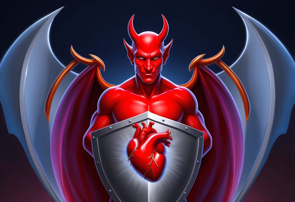 A red devil stands guard over a beating heart, surrounded by a protective shield