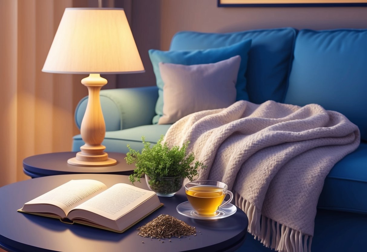 A cozy living room with a warm blanket, herbal tea, and a book.</p><p>A soft glow from a lamp creates a peaceful atmosphere