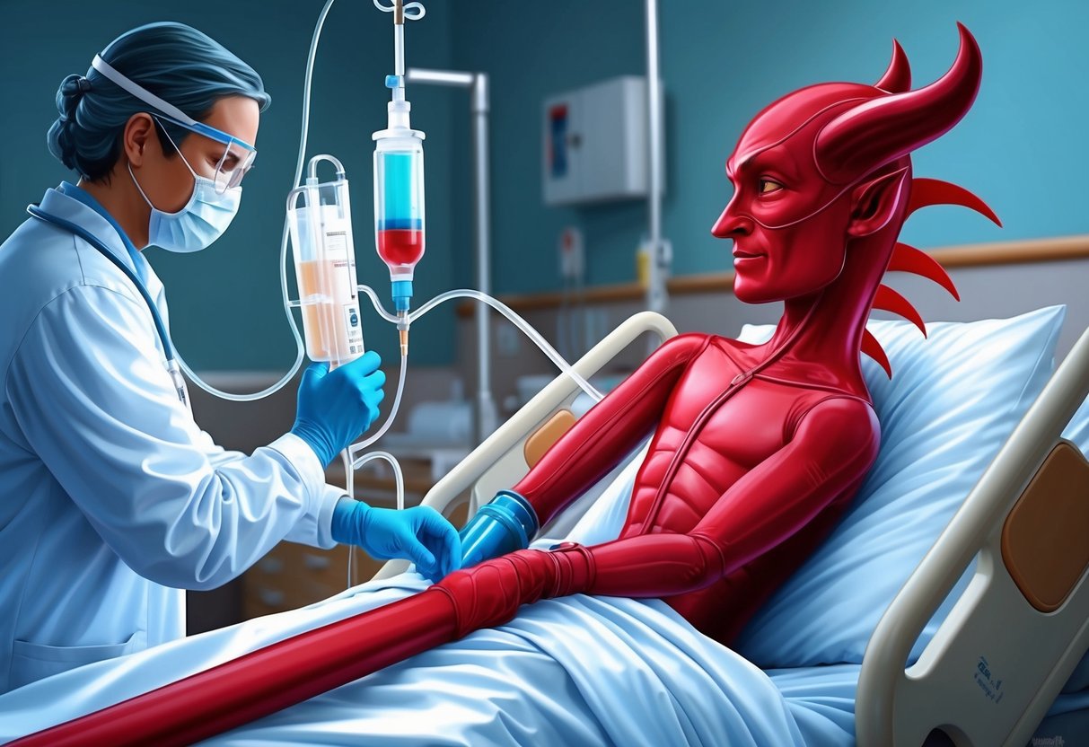 A red devil chemo infusion being prepared in a hospital room