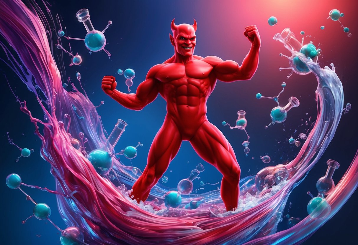 A red devil figure stands triumphantly amidst swirling chemo chemicals