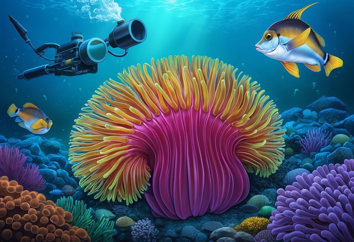 A colorful sea anemone surrounded by threats like pollution and overfishing, but also protected by conservation efforts