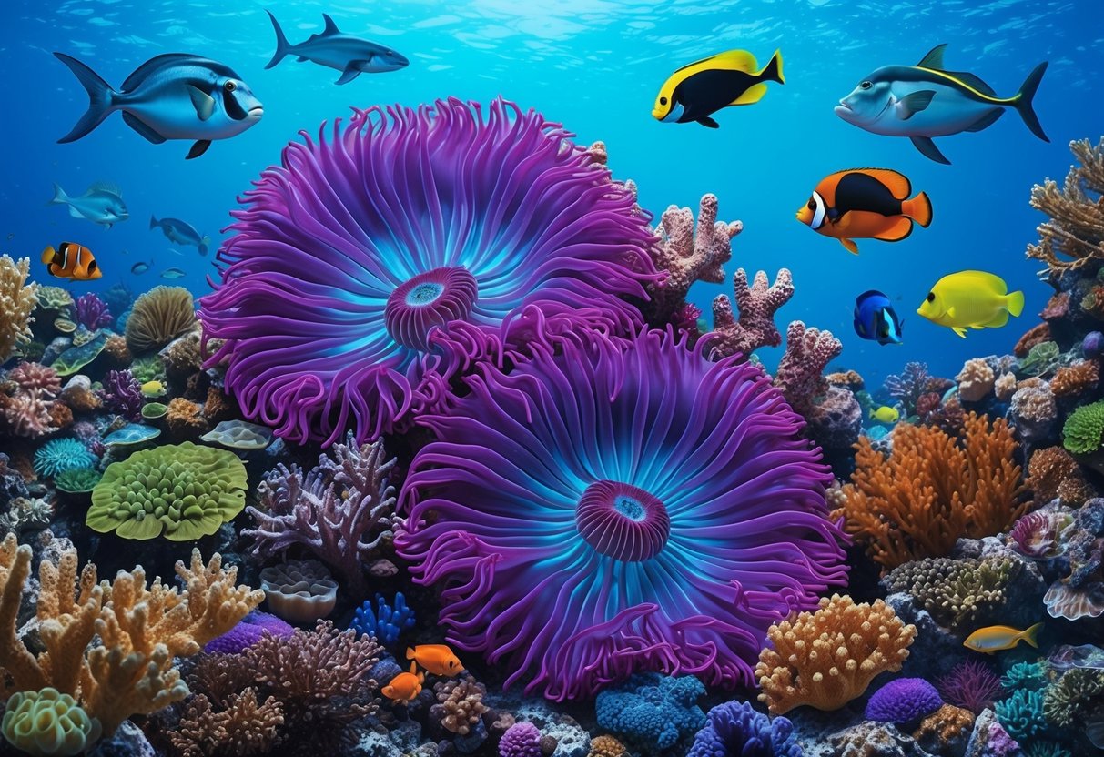 A vibrant sea anemone nestled among coral, surrounded by diverse marine life in a clear, tropical ocean