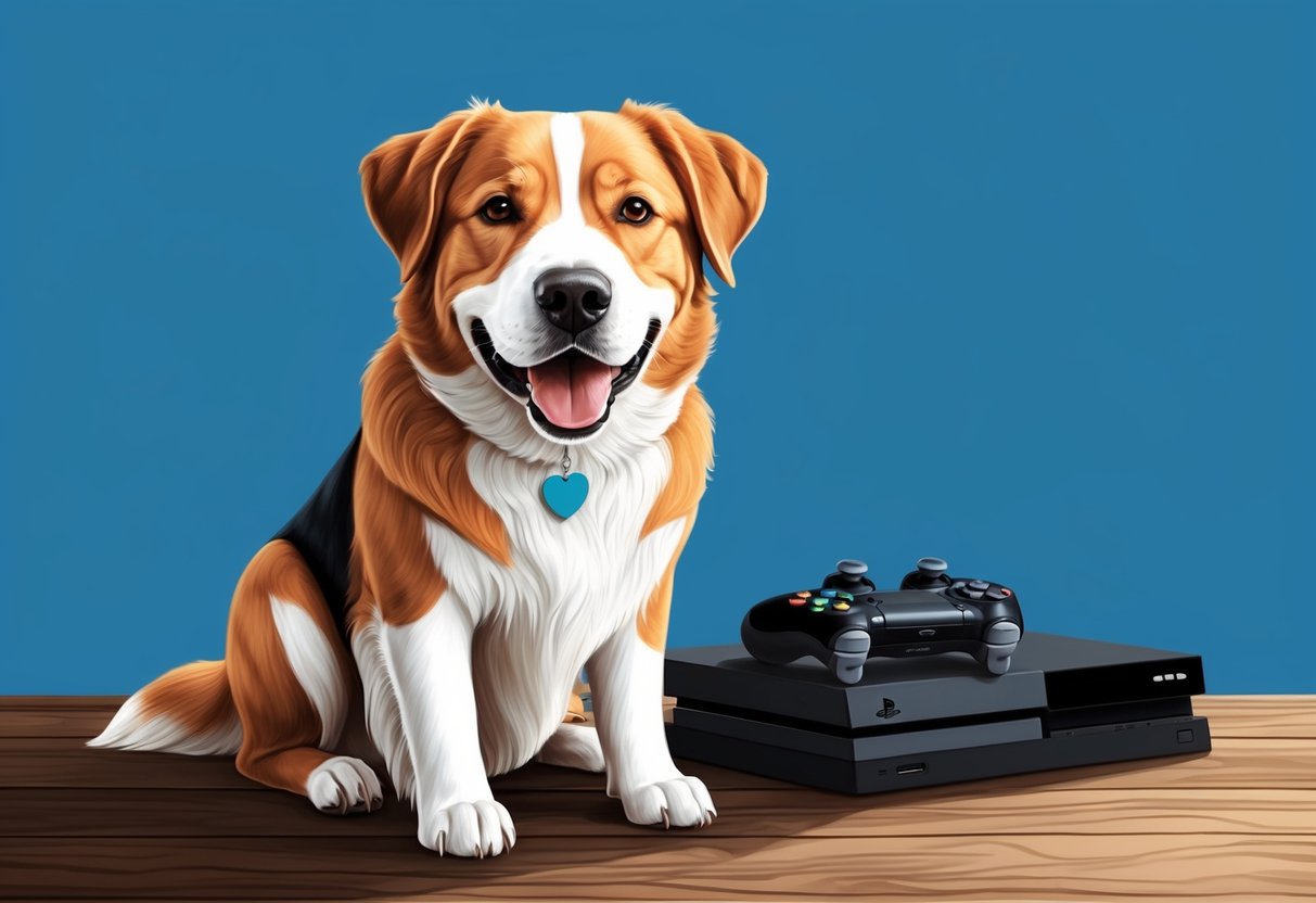 A happy, loyal dog sitting next to a gaming console with a name tag